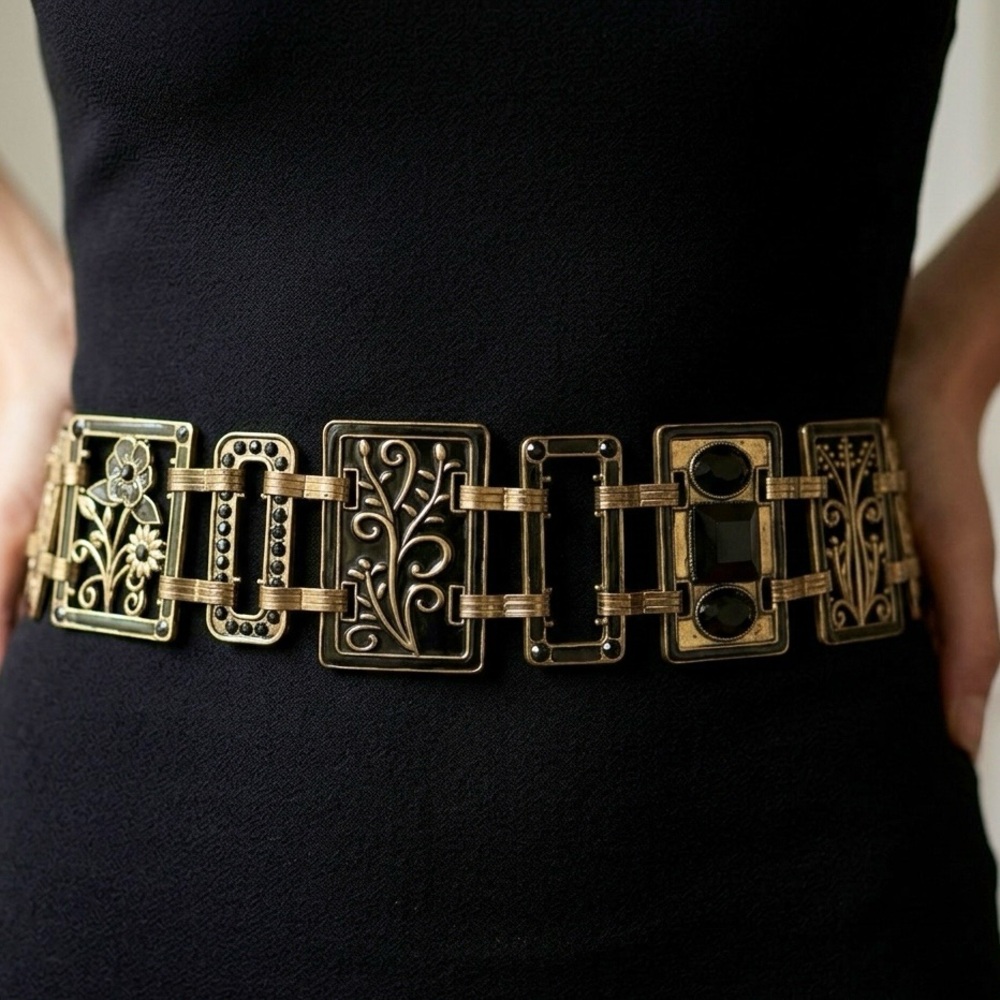 Vintage art deco belt gold & black floral geometric chain adjustable boho EUC - Picture 2 of 14